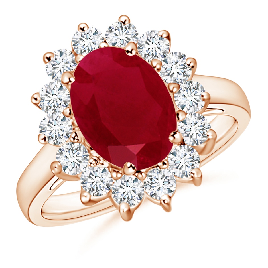 10x8mm AA Princess Diana Inspired Ruby Ring with Diamond Halo in Rose Gold 