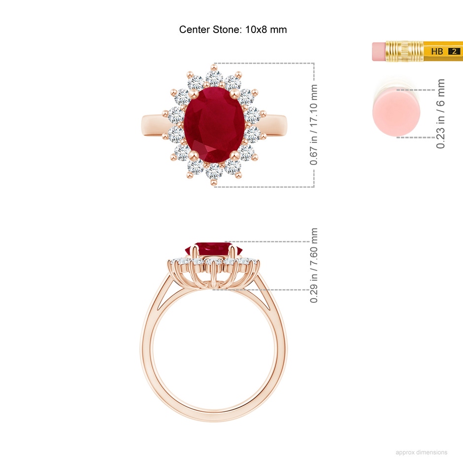 10x8mm AA Princess Diana Inspired Ruby Ring with Diamond Halo in Rose Gold ruler