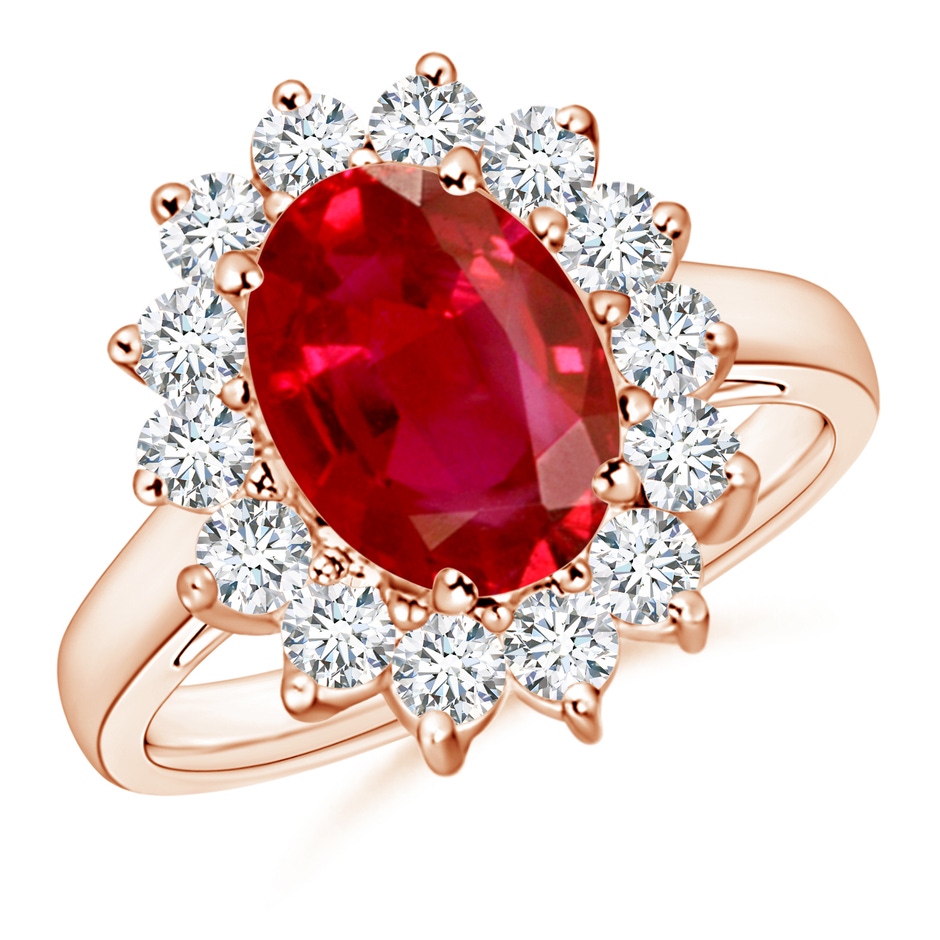 10x8mm AAA Princess Diana Inspired Ruby Ring with Diamond Halo in 18K Rose Gold 