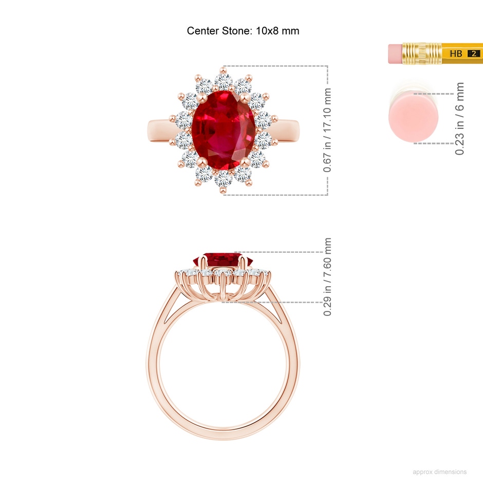 10x8mm AAA Princess Diana Inspired Ruby Ring with Diamond Halo in 18K Rose Gold ruler
