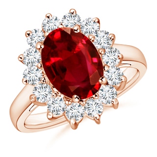 10x8mm AAAA Princess Diana Inspired Ruby Ring with Diamond Halo in 18K Rose Gold