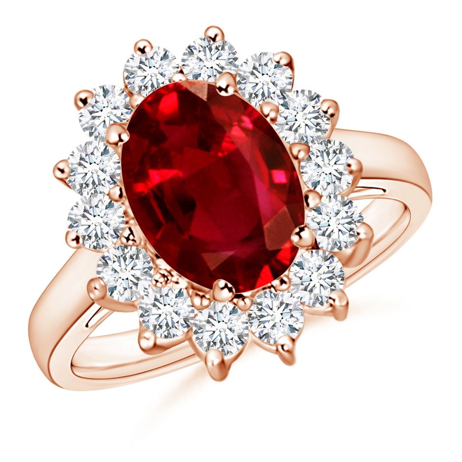 10x8mm AAAA Princess Diana Inspired Ruby Ring with Diamond Halo in 18K Rose Gold 