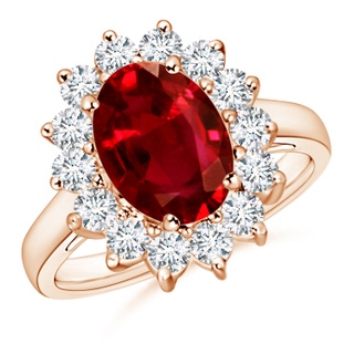 10x8mm AAAA Princess Diana Inspired Ruby Ring with Diamond Halo in 9K Rose Gold