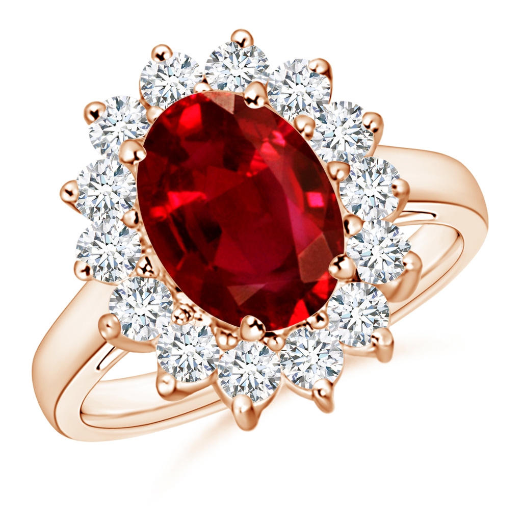 10x8mm AAAA Princess Diana Inspired Ruby Ring with Diamond Halo in Rose Gold