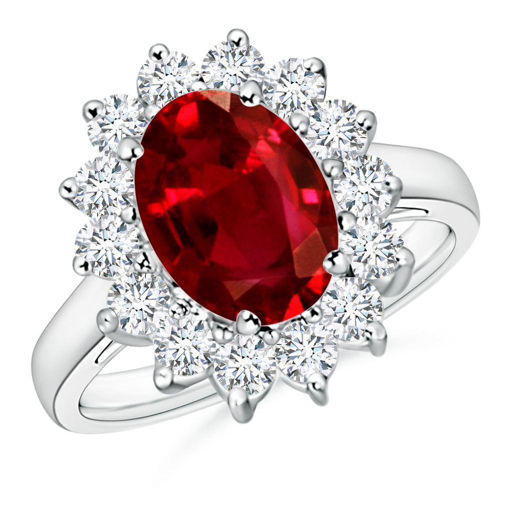10x8mm AAAA Princess Diana Inspired Ruby Ring with Diamond Halo in White Gold