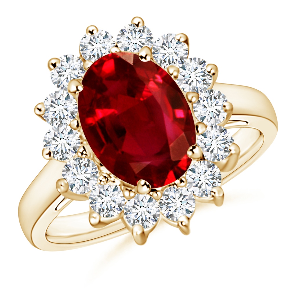 10x8mm AAAA Princess Diana Inspired Ruby Ring with Diamond Halo in Yellow Gold