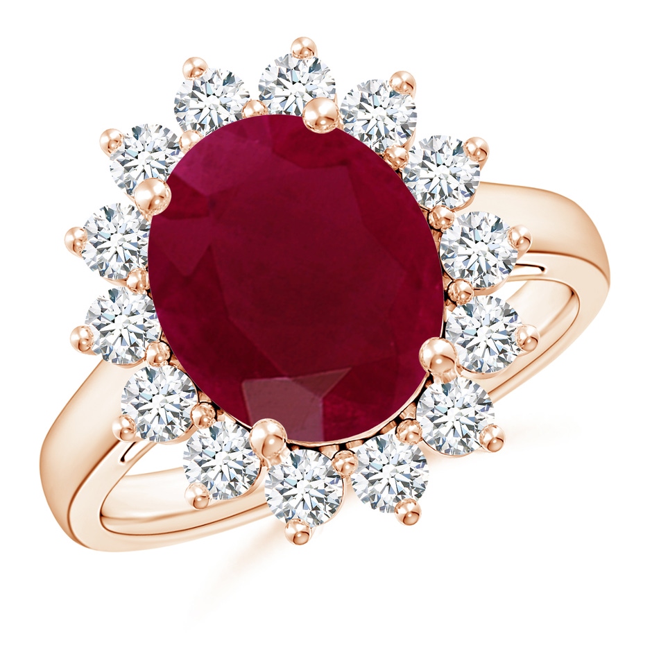 12x10mm A Princess Diana Inspired Ruby Ring with Diamond Halo in Rose Gold 