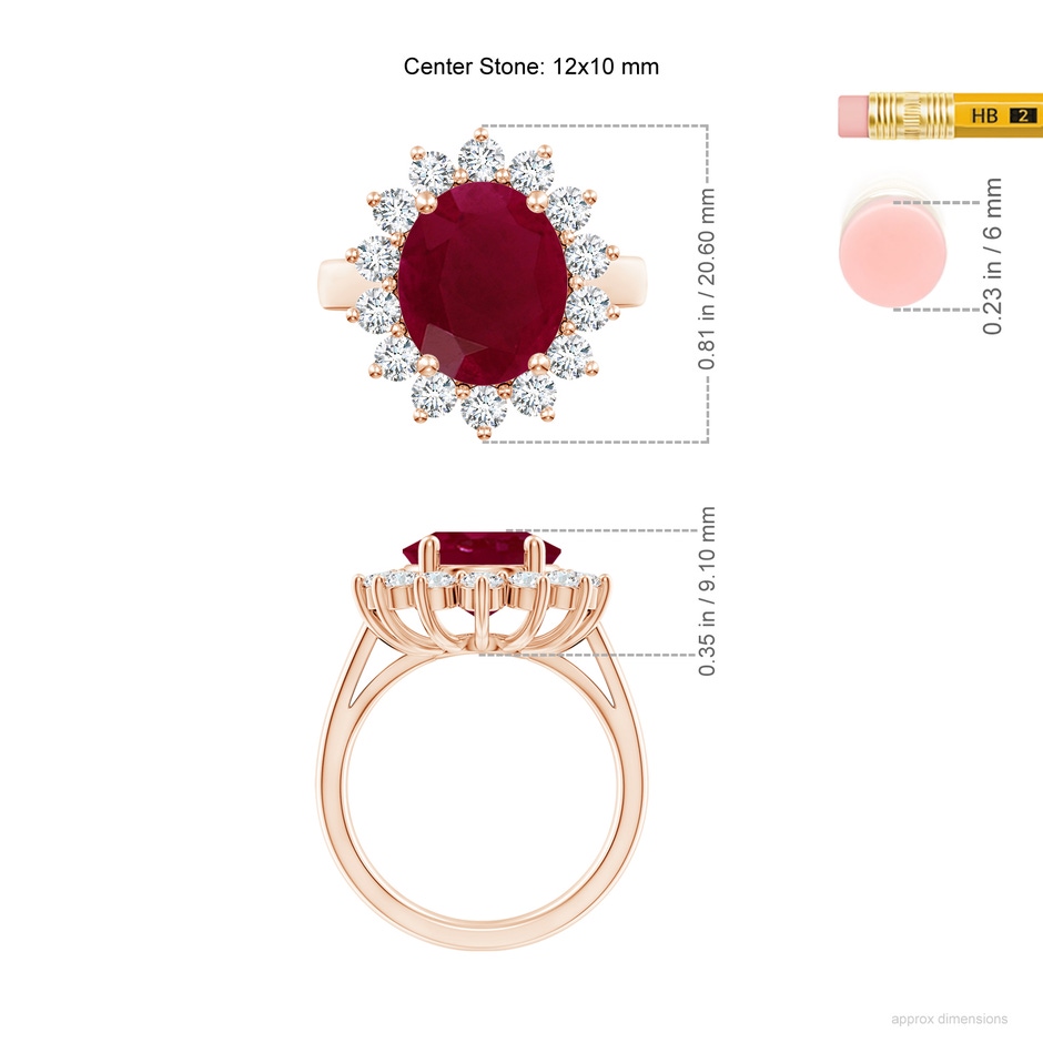 12x10mm A Princess Diana Inspired Ruby Ring with Diamond Halo in Rose Gold ruler