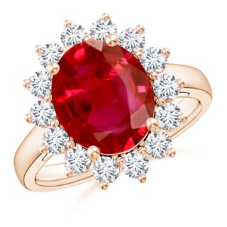 12x10mm AAA Princess Diana Inspired Ruby Ring with Diamond Halo in 9K Rose Gold