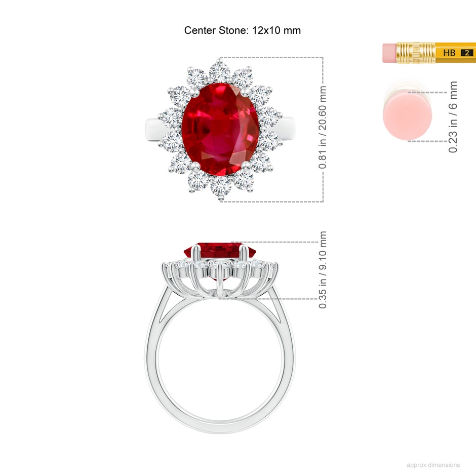 12x10mm AAA Princess Diana Inspired Ruby Ring with Diamond Halo in P950 Platinum ruler