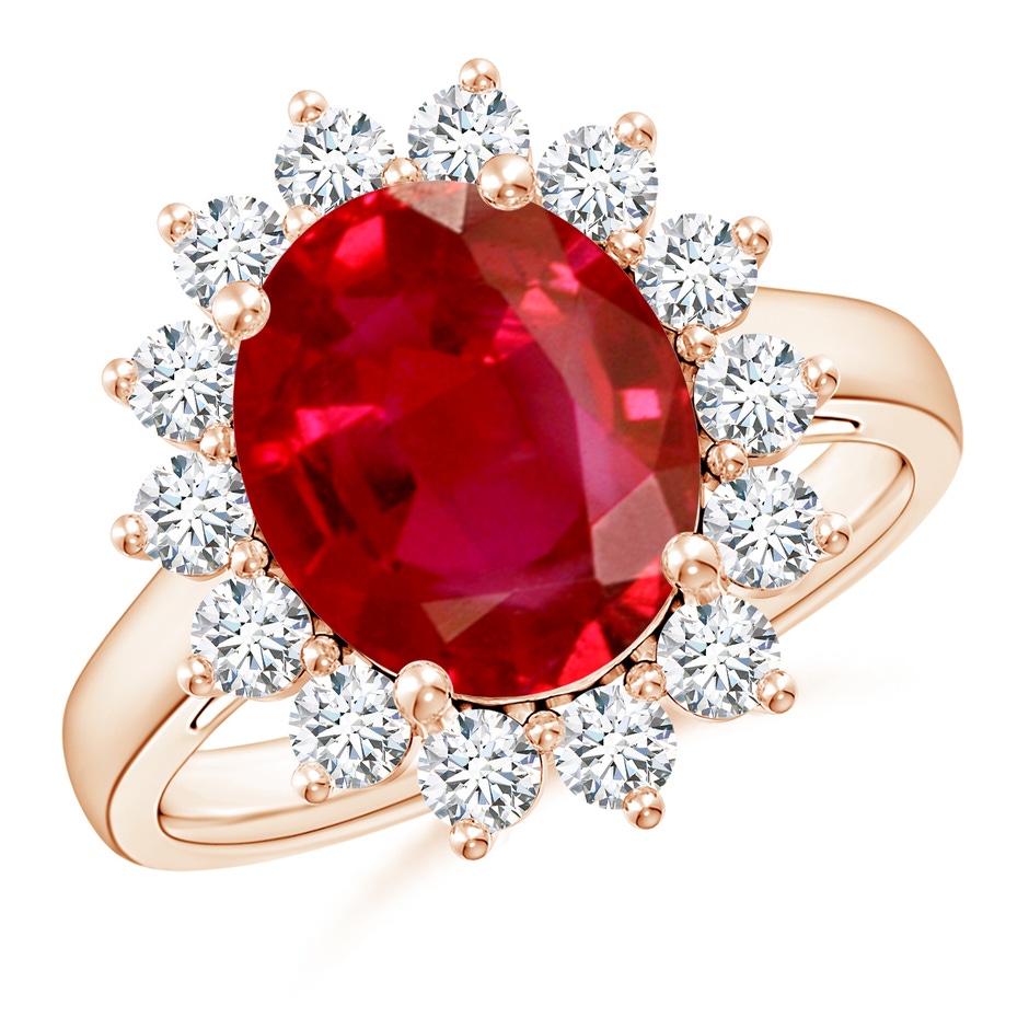 12x10mm AAA Princess Diana Inspired Ruby Ring with Diamond Halo in Rose Gold 