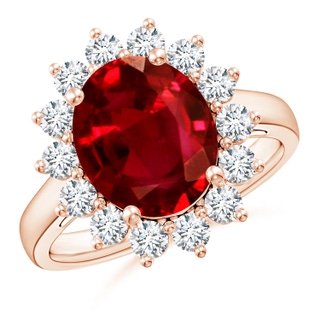 12x10mm AAAA Princess Diana Inspired Ruby Ring with Diamond Halo in 18K Rose Gold