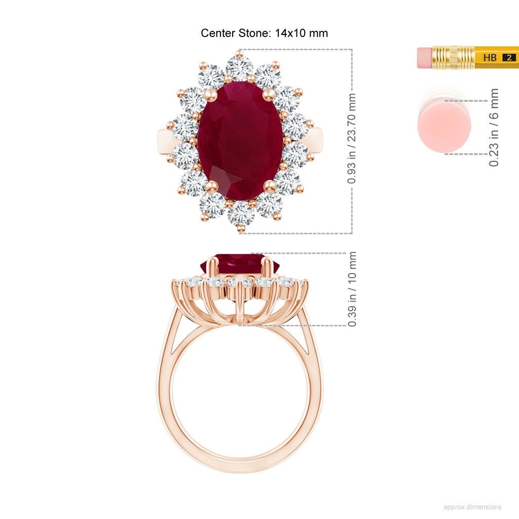 14x10mm A Princess Diana Inspired Ruby Ring with Diamond Halo in Rose Gold ruler