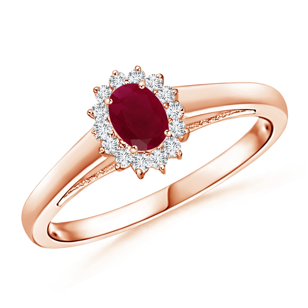 5x3mm A Princess Diana Inspired Ruby Ring with Diamond Halo in 10K Rose Gold