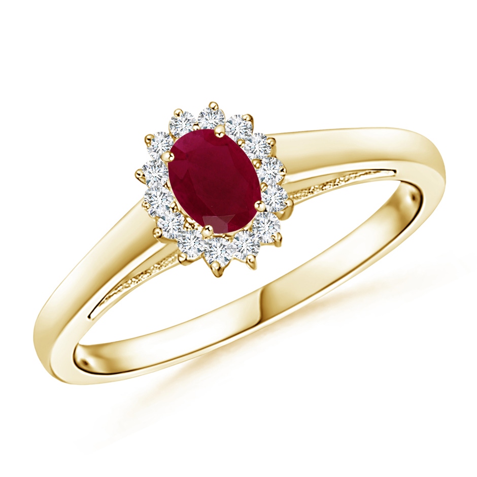 5x3mm A Princess Diana Inspired Ruby Ring with Diamond Halo in 9K Yellow Gold 