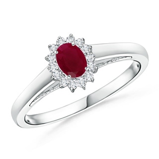 5x3mm A Princess Diana Inspired Ruby Ring with Diamond Halo in White Gold