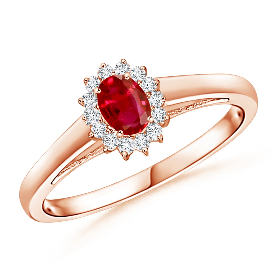 5x3mm AAA Princess Diana Inspired Ruby Ring with Diamond Halo in 9K Rose Gold 