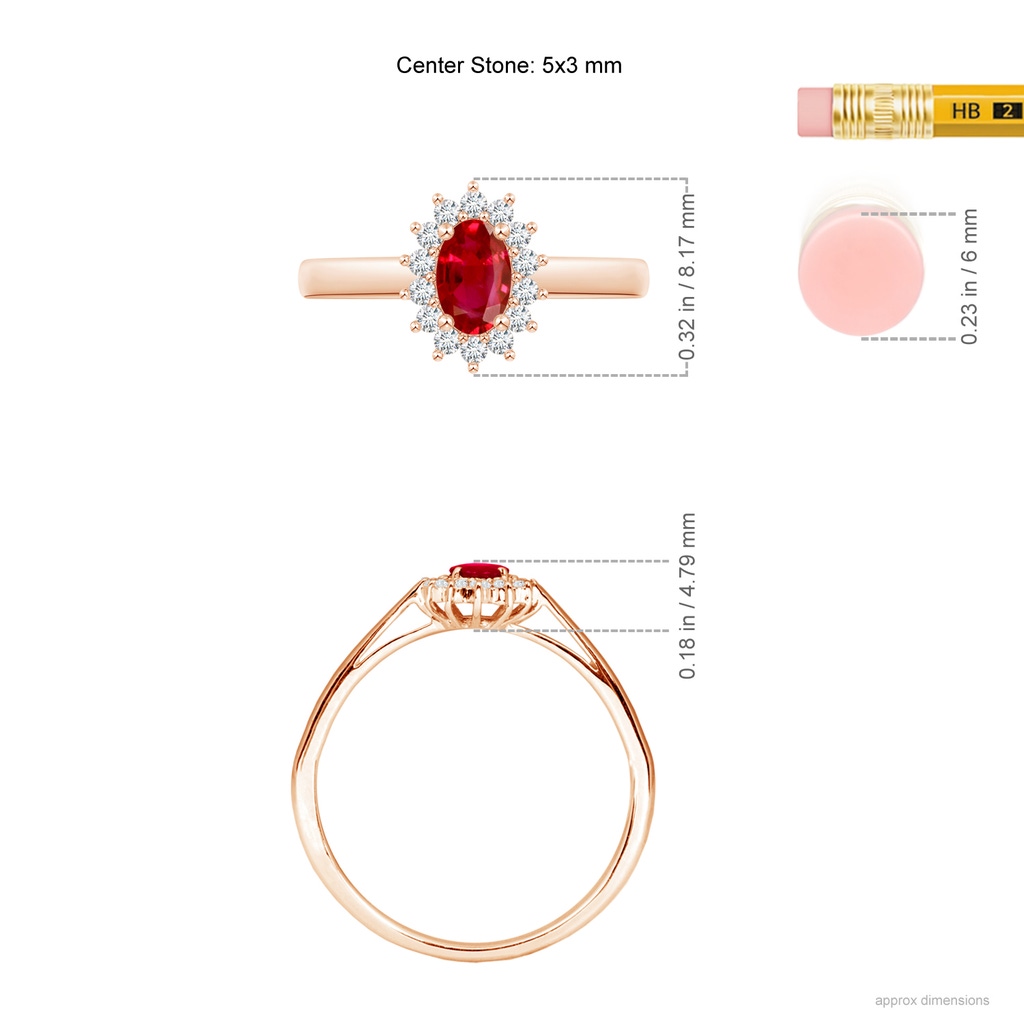 5x3mm AAA Princess Diana Inspired Ruby Ring with Diamond Halo in Rose Gold ruler