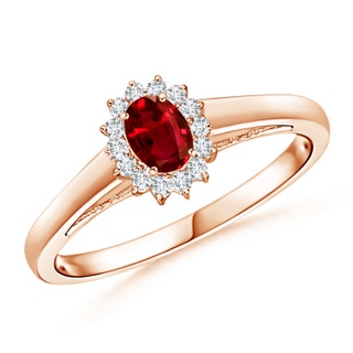 5x3mm AAAA Princess Diana Inspired Ruby Ring with Diamond Halo in Rose Gold