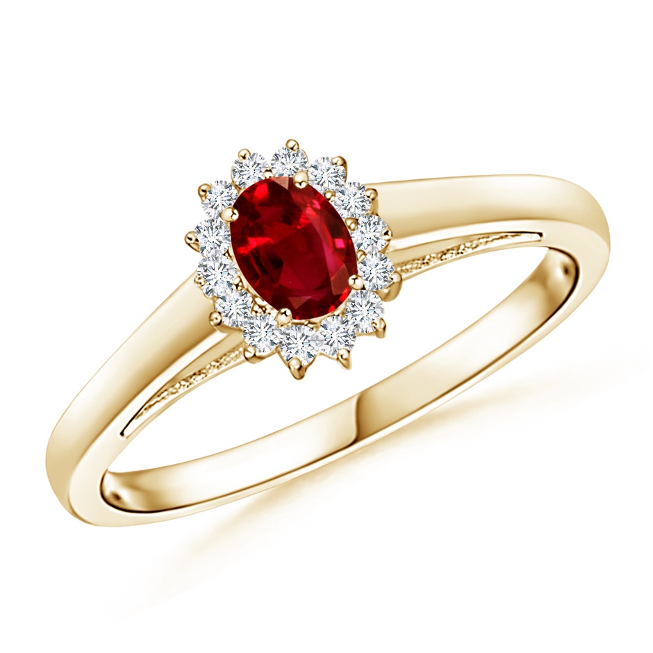 5x3mm AAAA Princess Diana Inspired Ruby Ring with Diamond Halo in Yellow Gold 