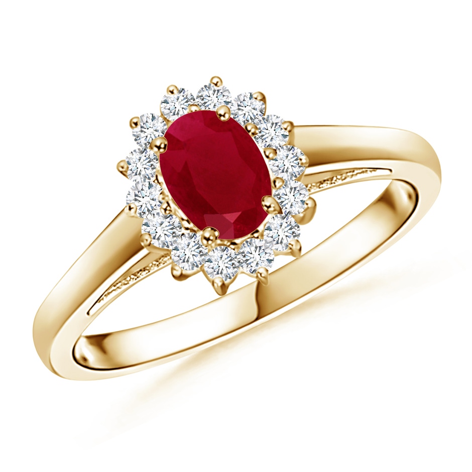 6x4mm AA Princess Diana Inspired Ruby Ring with Diamond Halo in Yellow Gold 