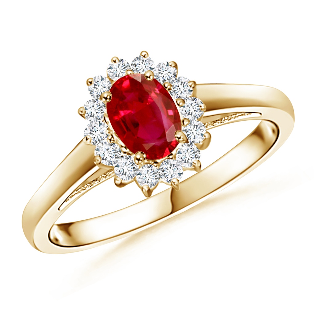 6x4mm AAA Princess Diana Inspired Ruby Ring with Diamond Halo in Yellow Gold