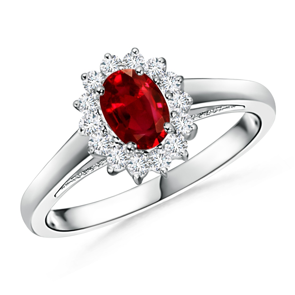 6x4mm AAAA Princess Diana Inspired Ruby Ring with Diamond Halo in White Gold