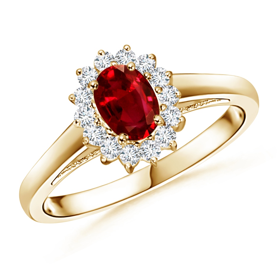 6x4mm AAAA Princess Diana Inspired Ruby Ring with Diamond Halo in Yellow Gold 