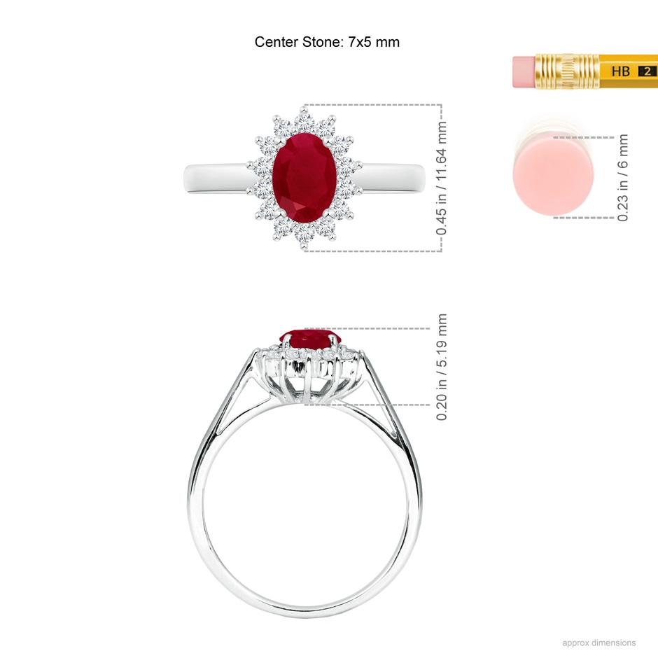 7x5mm AA Princess Diana Inspired Ruby Ring with Diamond Halo in White Gold ruler
