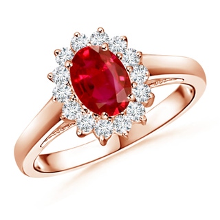 7x5mm AAA Princess Diana Inspired Ruby Ring with Diamond Halo in 9K Rose Gold