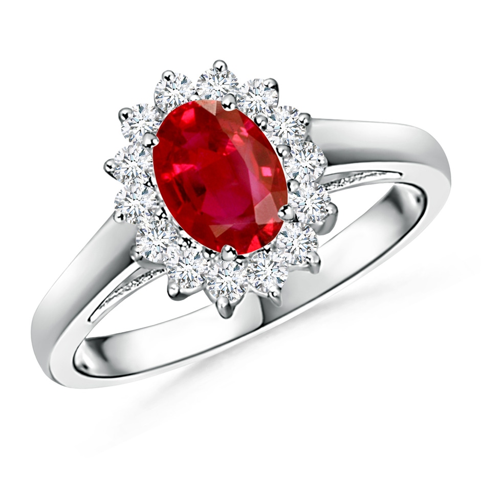7x5mm AAA Princess Diana Inspired Ruby Ring with Diamond Halo in White Gold 