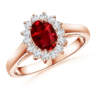 7x5mm AAAA Princess Diana Inspired Ruby Ring with Diamond Halo in 10K Rose Gold