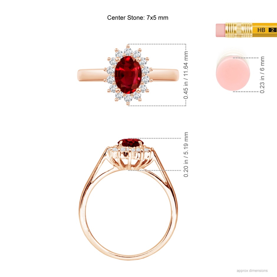 7x5mm AAAA Princess Diana Inspired Ruby Ring with Diamond Halo in Rose Gold ruler