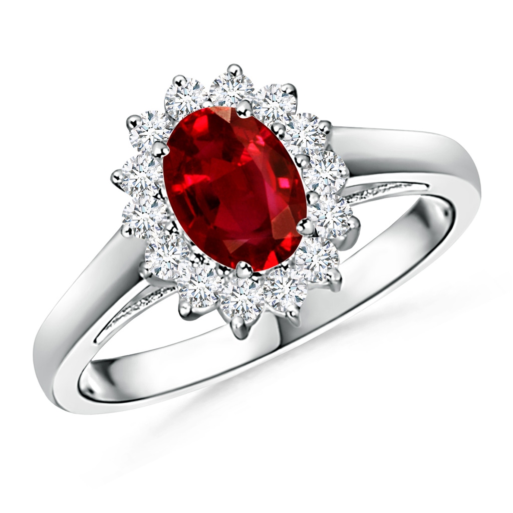 7x5mm AAAA Princess Diana Inspired Ruby Ring with Diamond Halo in White Gold