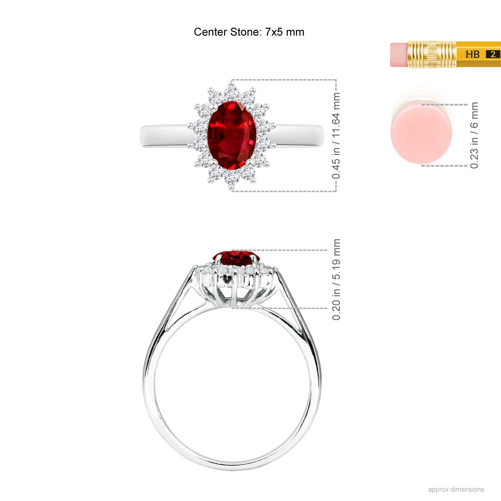 7x5mm AAAA Princess Diana Inspired Ruby Ring with Diamond Halo in White Gold ruler