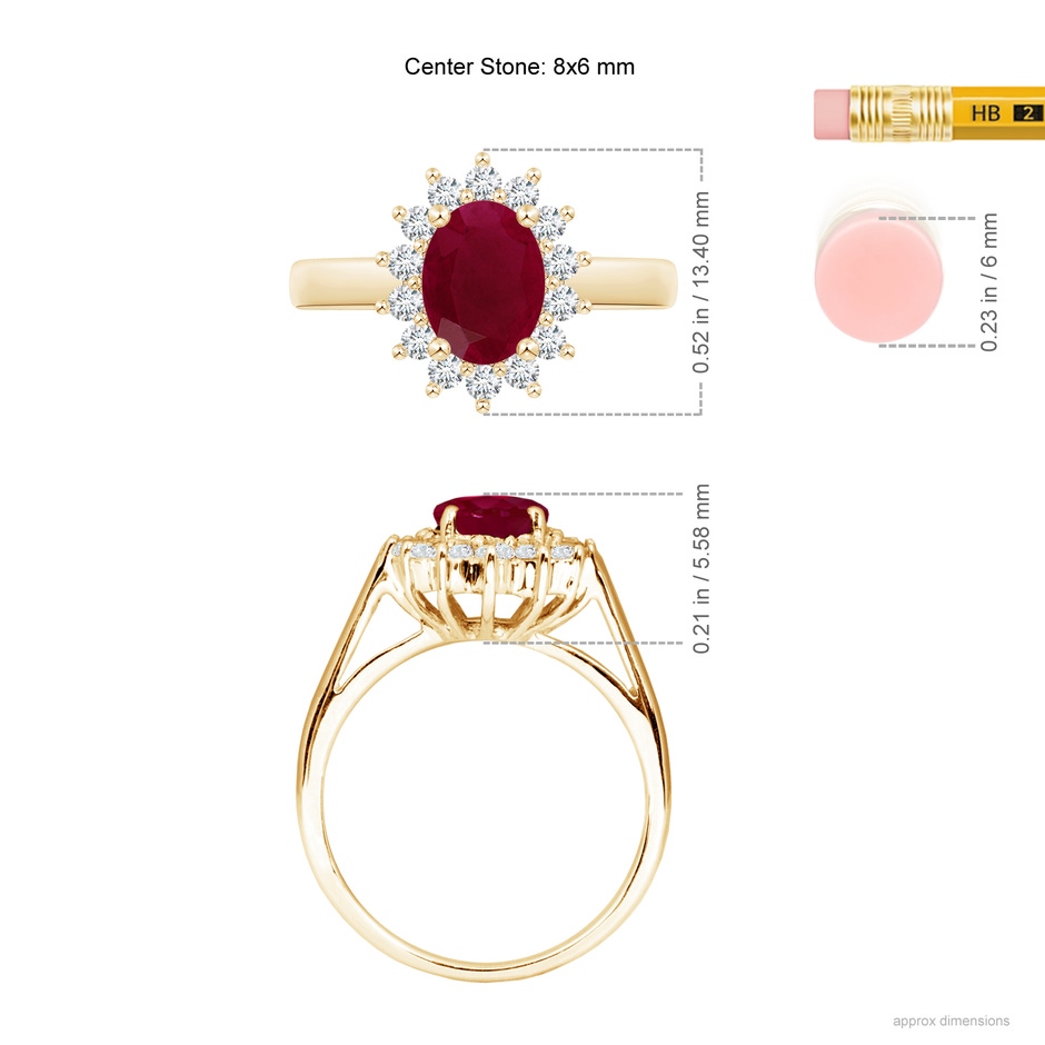 8x6mm A Princess Diana Inspired Ruby Ring with Diamond Halo in Yellow Gold ruler
