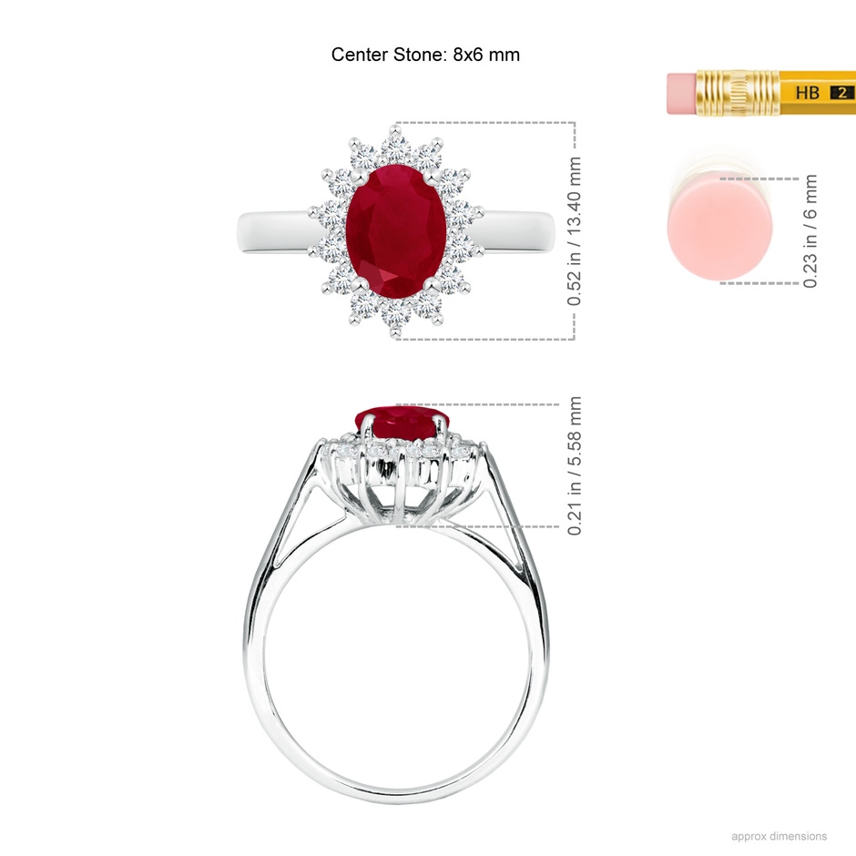 8x6mm AA Princess Diana Inspired Ruby Ring with Diamond Halo in White Gold ruler