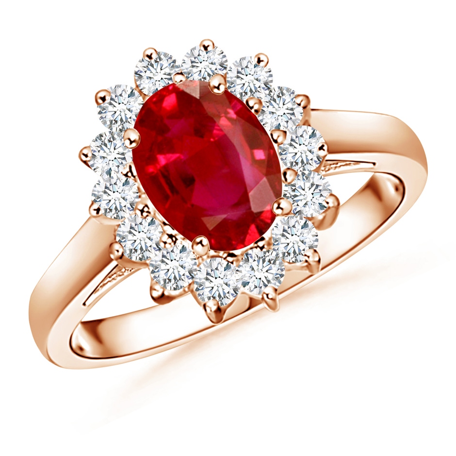 8x6mm AAA Princess Diana Inspired Ruby Ring with Diamond Halo in Rose Gold 