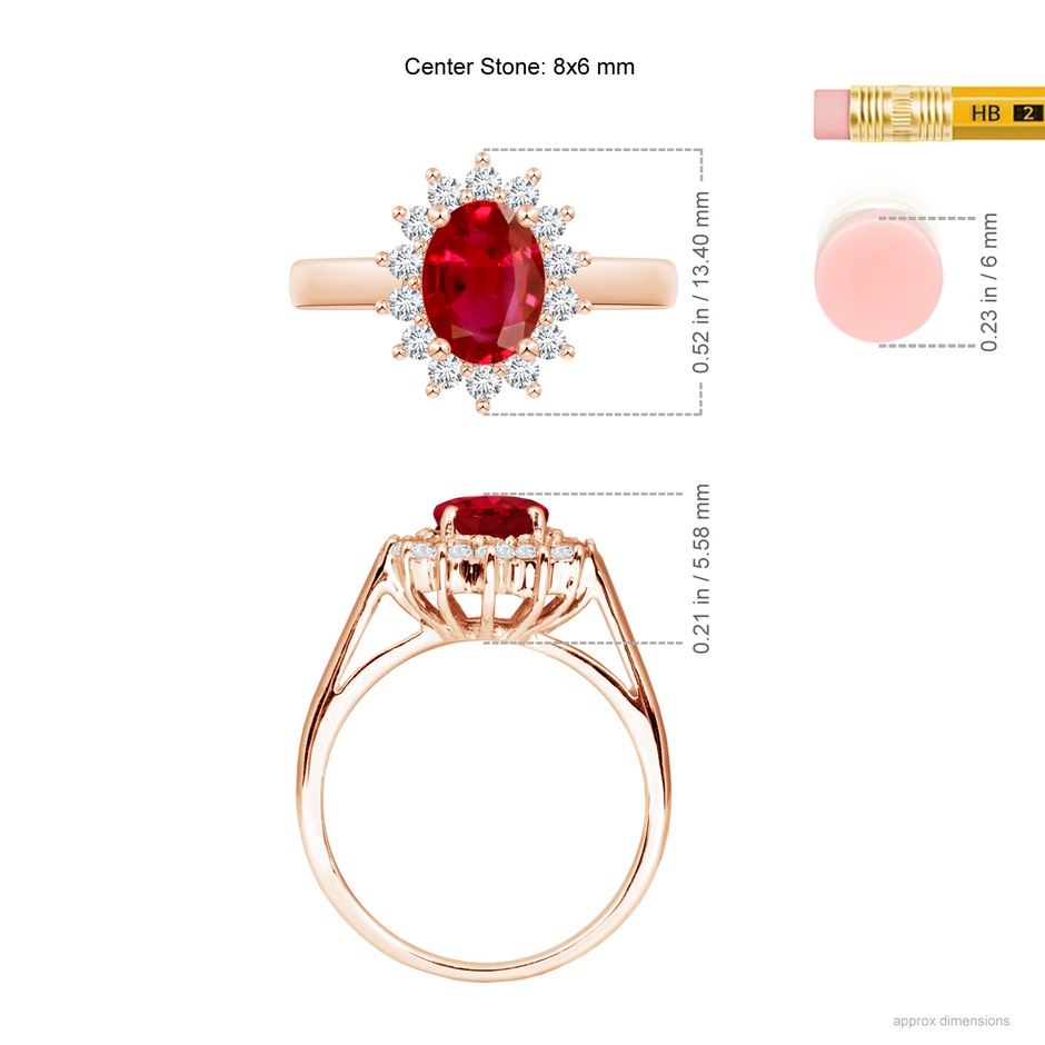 8x6mm AAA Princess Diana Inspired Ruby Ring with Diamond Halo in Rose Gold ruler