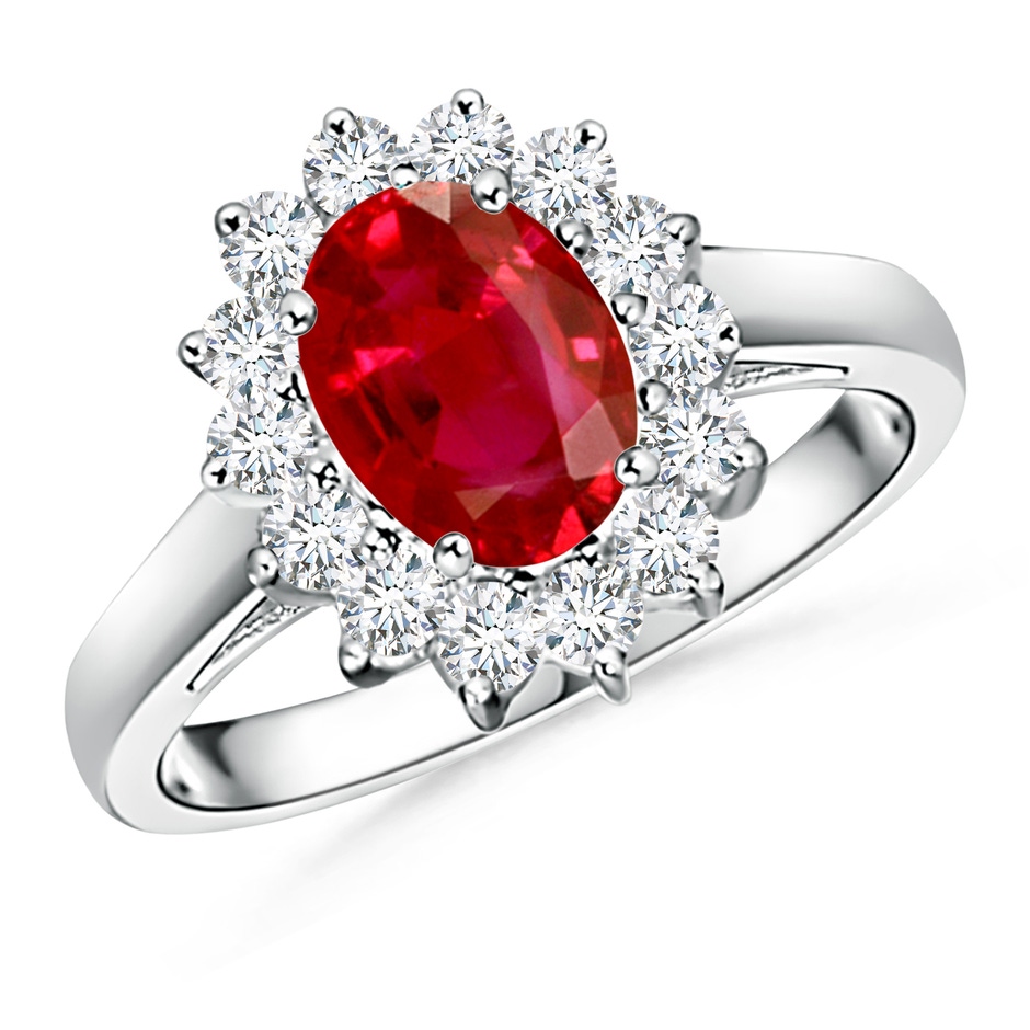 8x6mm AAA Princess Diana Inspired Ruby Ring with Diamond Halo in White Gold 