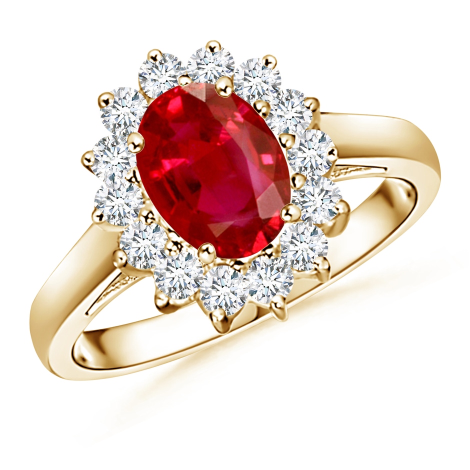 8x6mm AAA Princess Diana Inspired Ruby Ring with Diamond Halo in Yellow Gold 