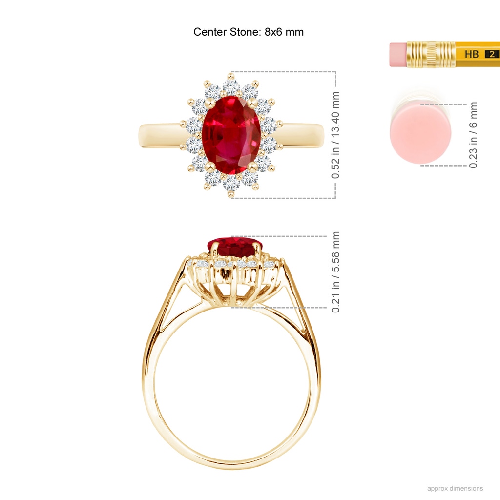 8x6mm AAA Princess Diana Inspired Ruby Ring with Diamond Halo in Yellow Gold ruler