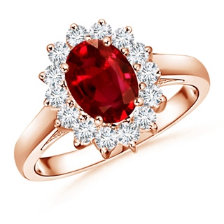 8x6mm AAAA Princess Diana Inspired Ruby Ring with Diamond Halo in 18K Rose Gold