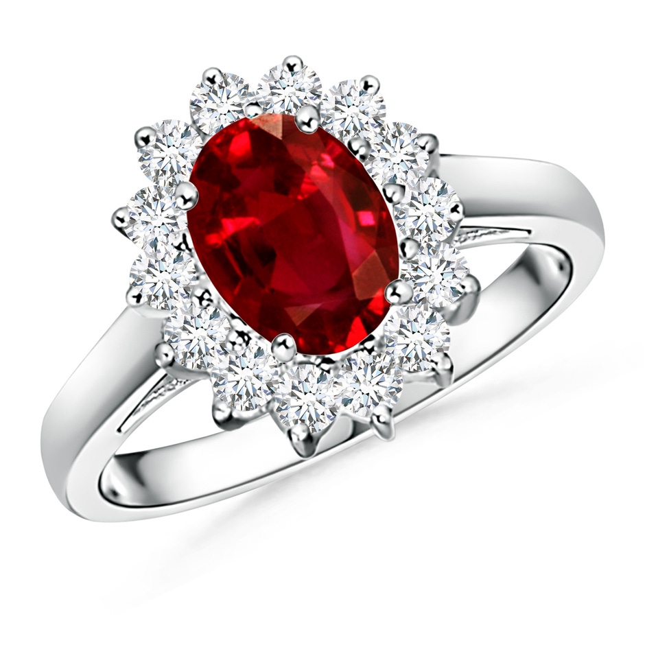8x6mm AAAA Princess Diana Inspired Ruby Ring with Diamond Halo in P950 Platinum 