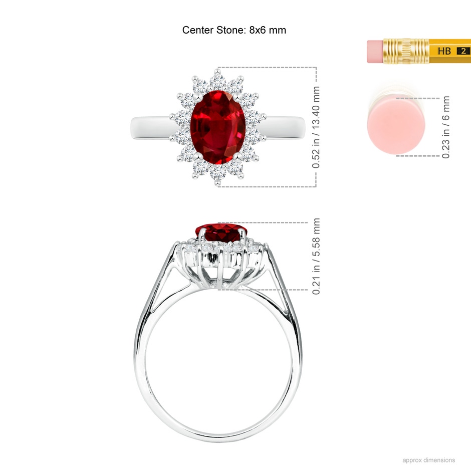 8x6mm AAAA Princess Diana Inspired Ruby Ring with Diamond Halo in P950 Platinum ruler