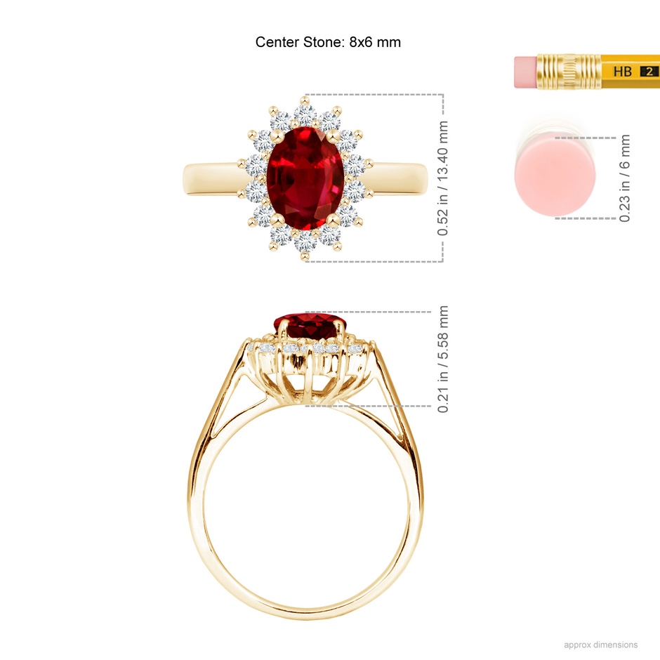 8x6mm AAAA Princess Diana Inspired Ruby Ring with Diamond Halo in Yellow Gold ruler