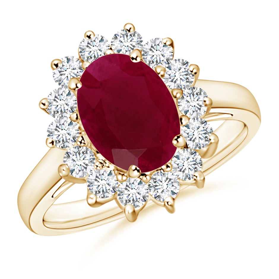 9x7mm A Princess Diana Inspired Ruby Ring with Diamond Halo in Yellow Gold 
