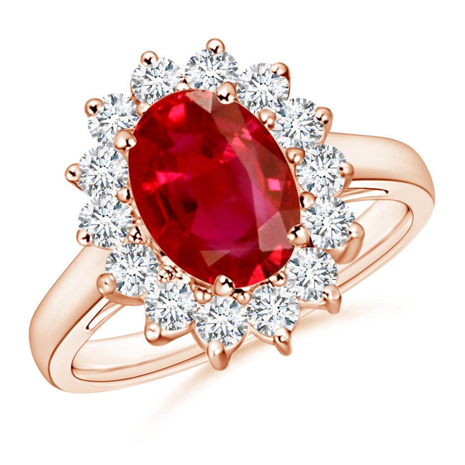 9x7mm AAA Princess Diana Inspired Ruby Ring with Diamond Halo in 18K Rose Gold 