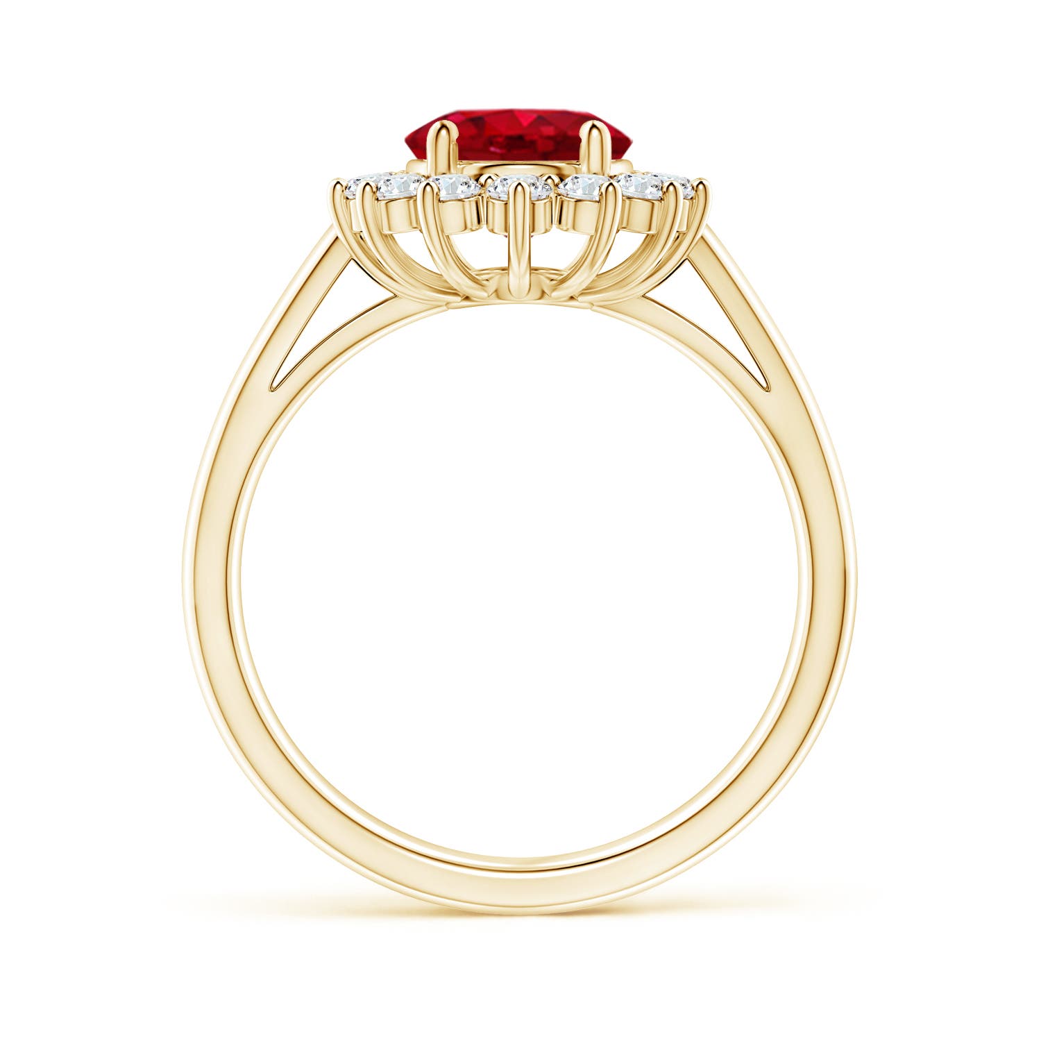 9x7mm AAA Princess Diana Inspired Ruby Ring with Diamond Halo in 18K Yellow Gold