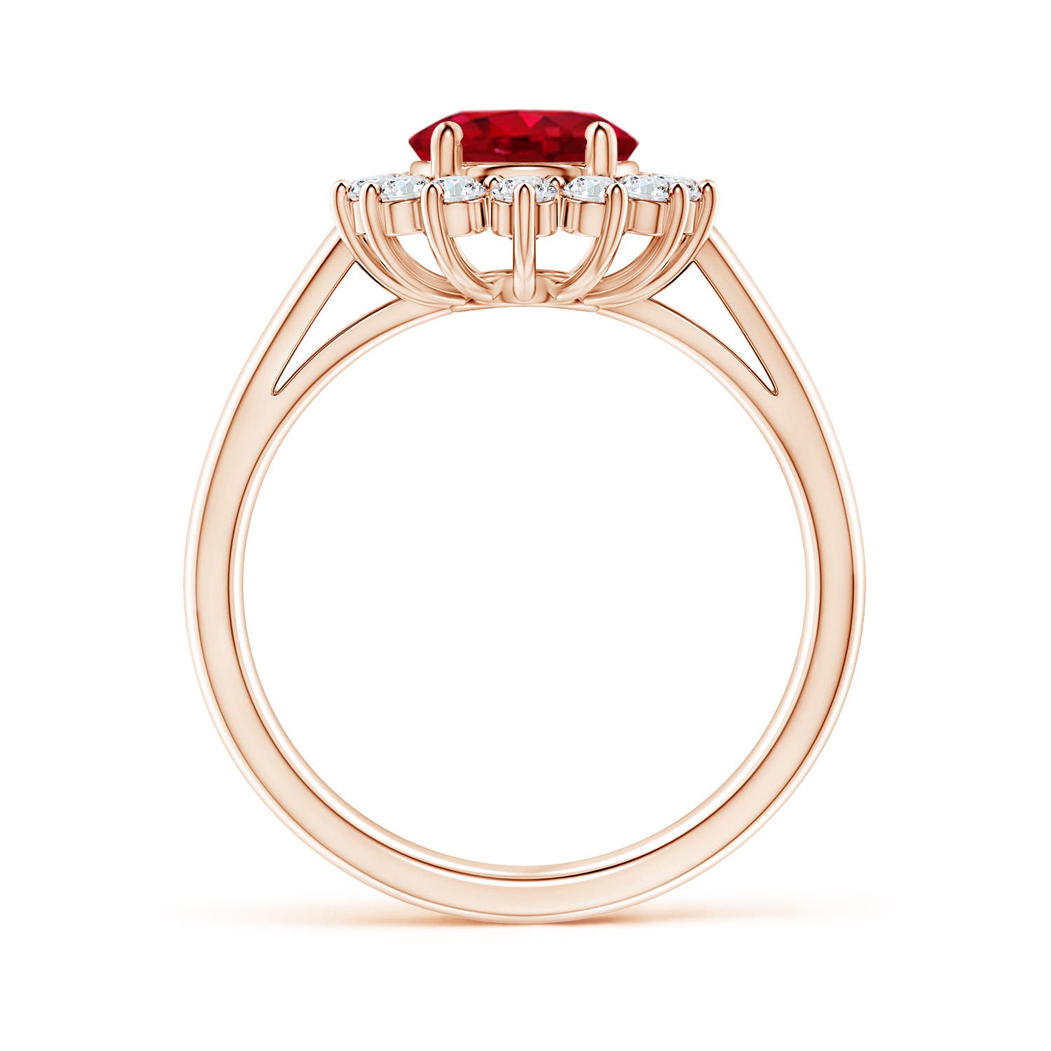 9x7mm AAA Princess Diana Inspired Ruby Ring with Diamond Halo in Rose Gold